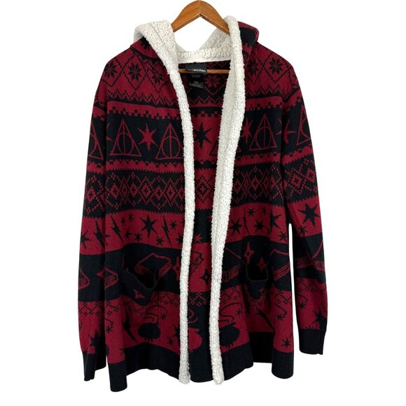 Harry Potter Deathly Hallows Hooded Fair Isle Open Cardigan Sweater Sz Large - Picture 1 of 9